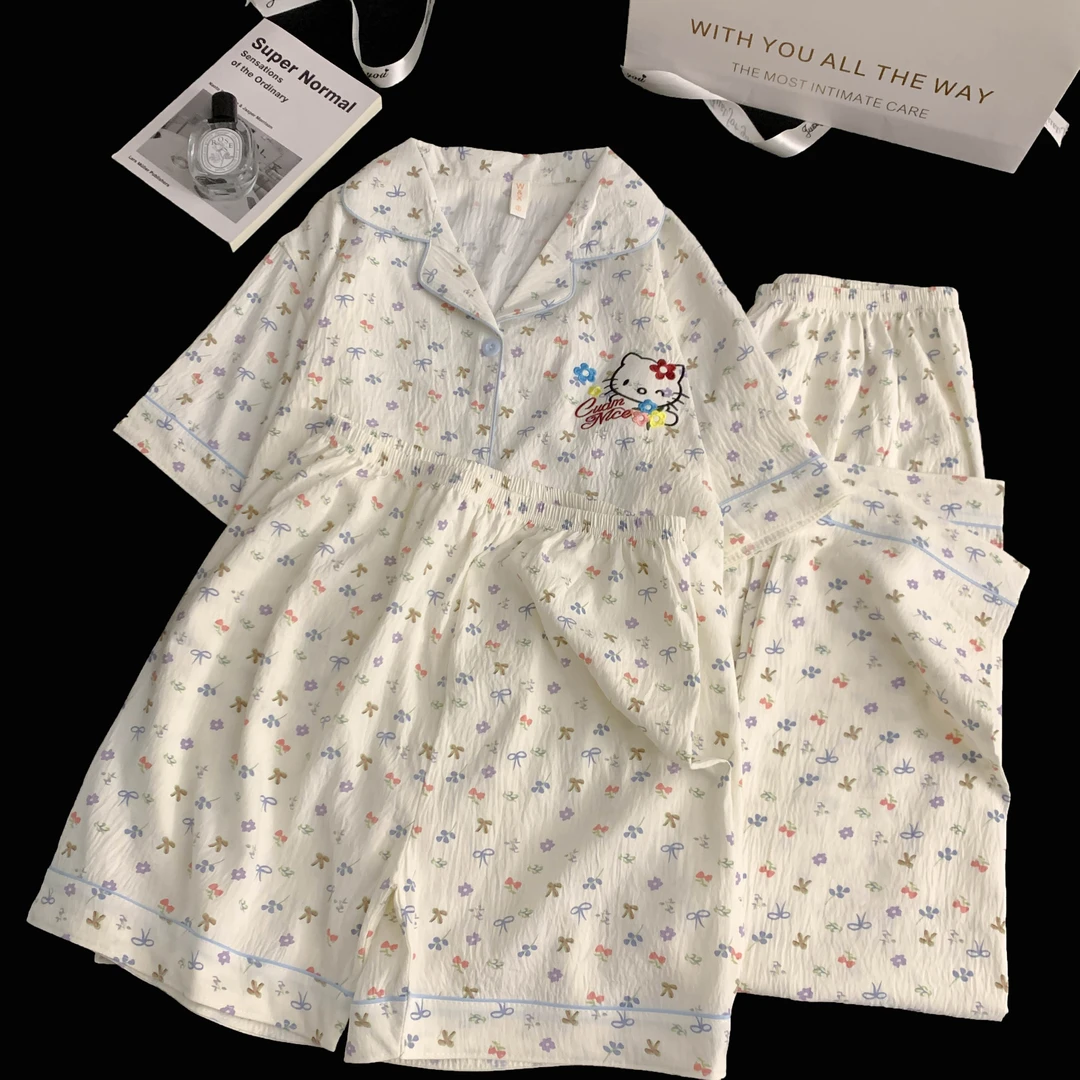 可爱凯蒂猫睡衣女短袖三件套装夏季2025新款可外穿家居服薄款夏天