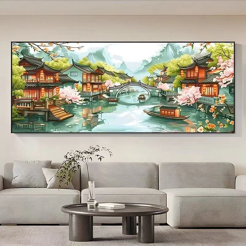 5d卧室钻石画江南水乡满钻2024新款客厅粘钻石贴十字绣山水风景