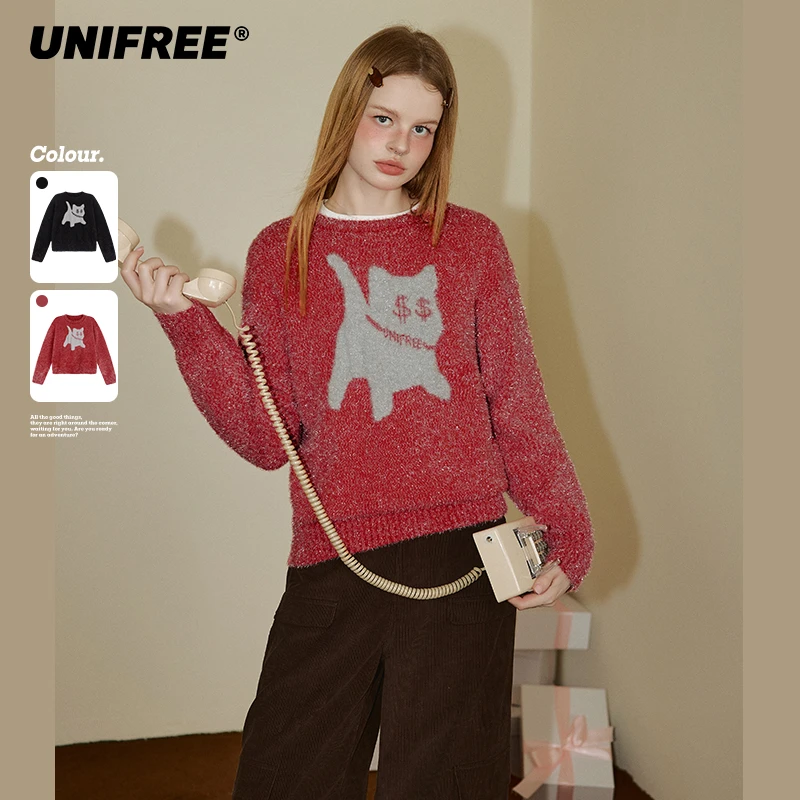 【云c专属】UNIFREE安可拉红圆领毛衣小猫提花U244K625D1D1