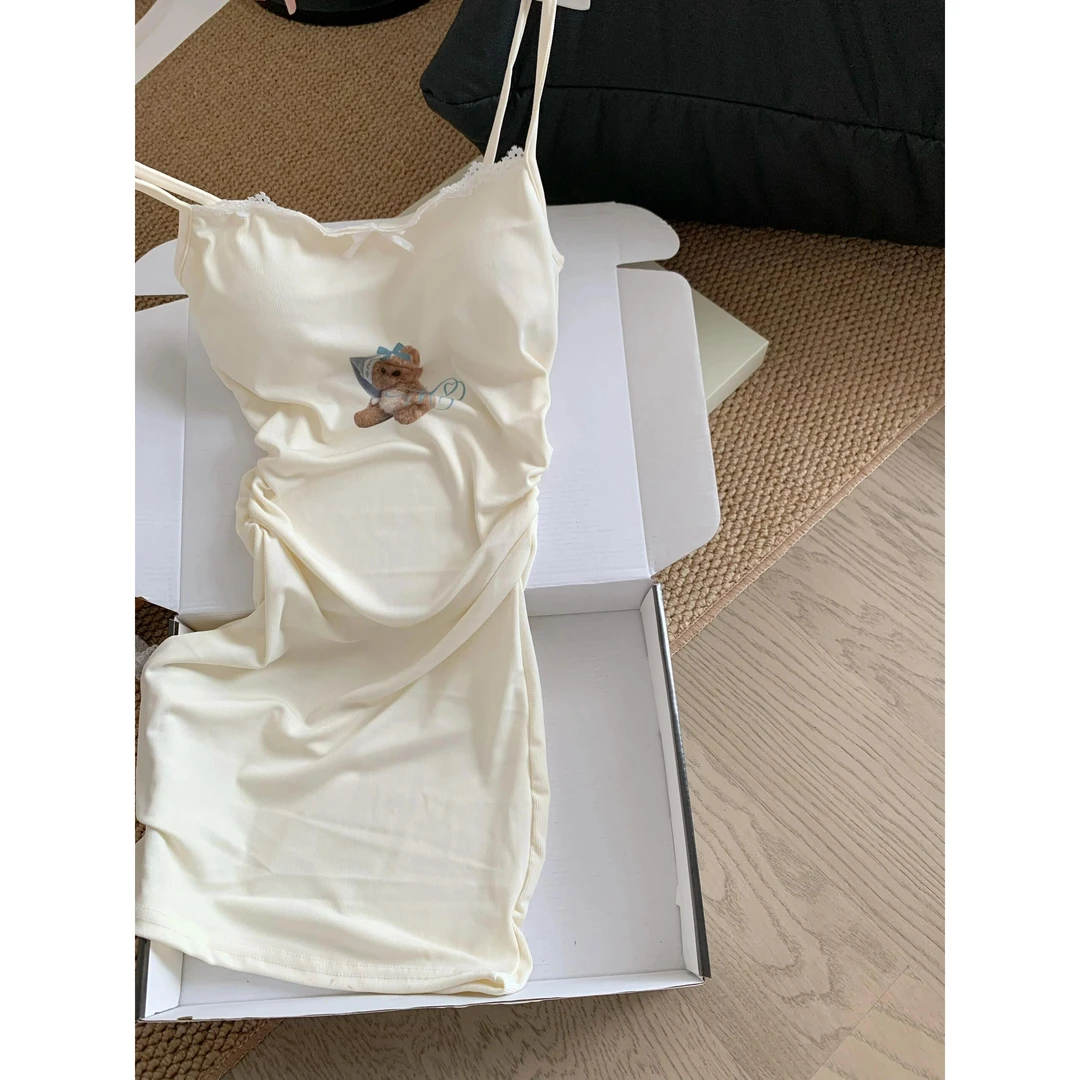 【DMXJ大梦想家】可爱卡通小熊吊带睡裙女款夏季蕾丝花边带胸垫长裙