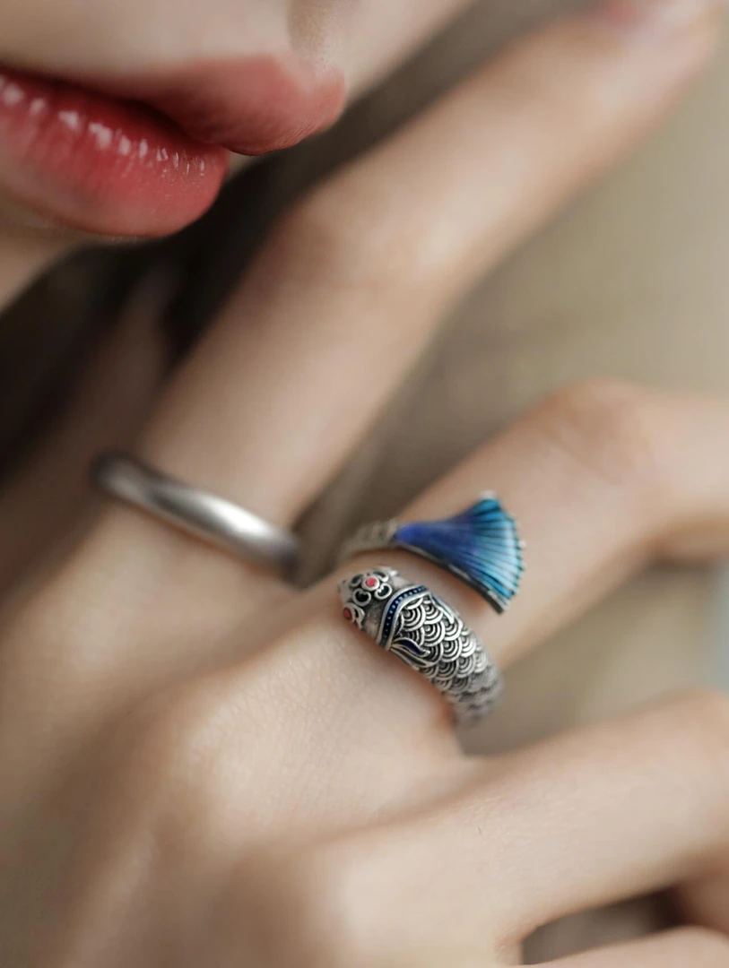 素圈个性复古锦鲤戒指男女民族风开口可调节中国风创意食指指环女