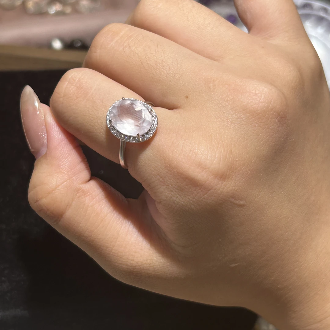 天然全净体粉水晶(无注胶，无优化)925银开口戒指