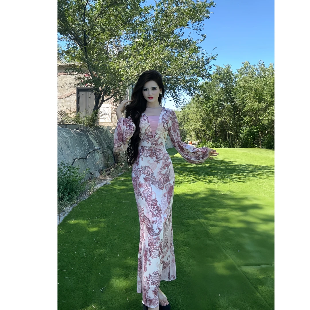 8829【茹克亚包邮❤️】民族风腰果假V领花纹气质灯笼袖女装连衣裙