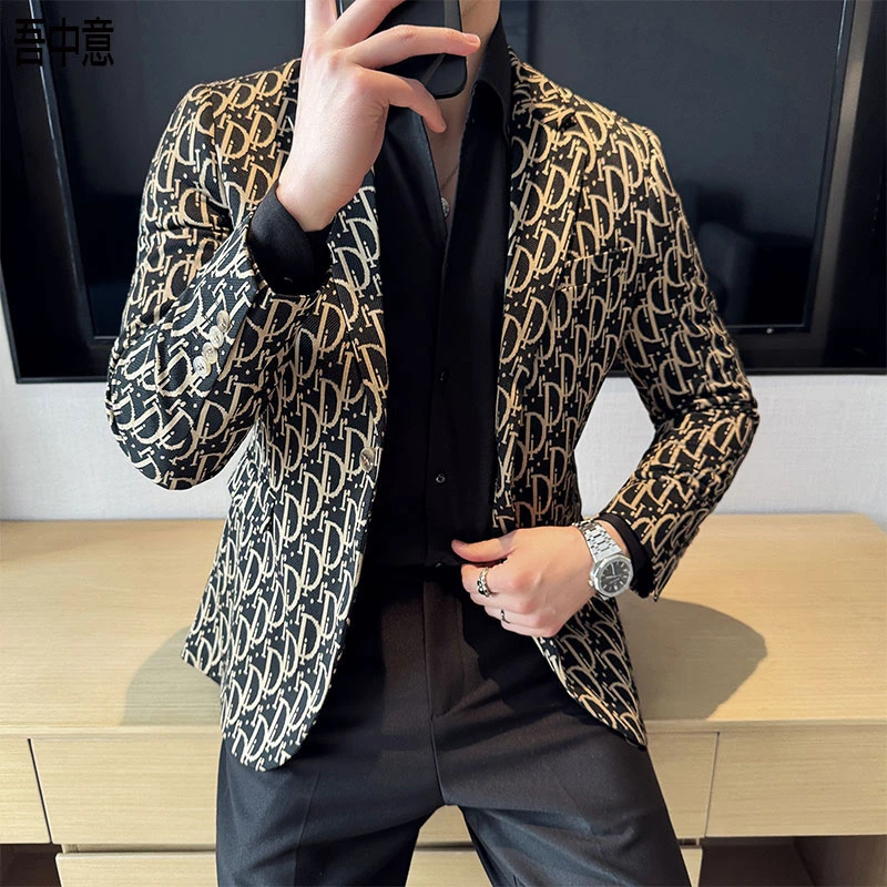 印花西装外套男韩版修身春秋商务时尚潮流痞帅高级感花色休闲西服