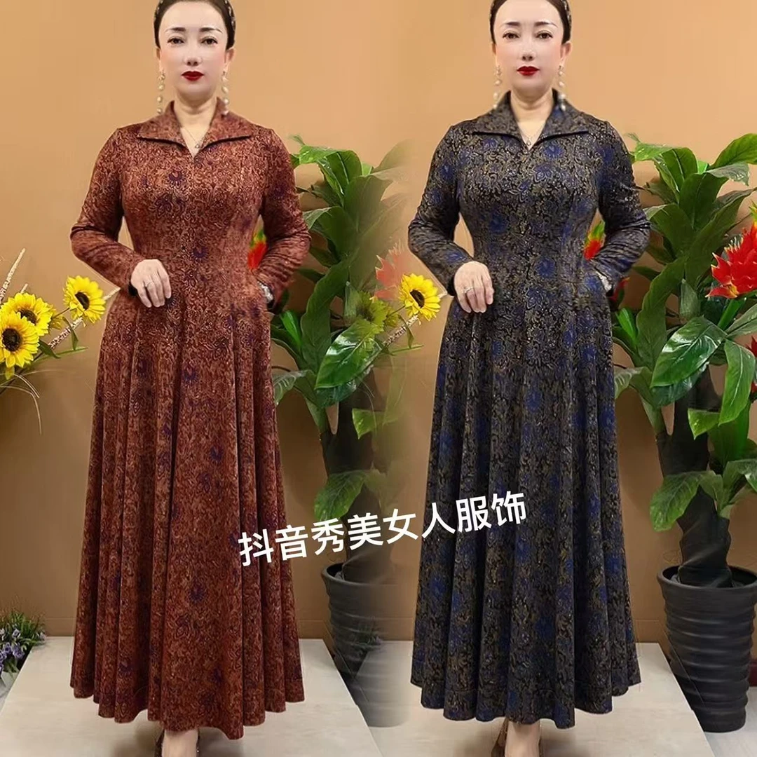 春新款翻领收腰显瘦遮肚妈妈弹力大码过膝长款连衣裙2828