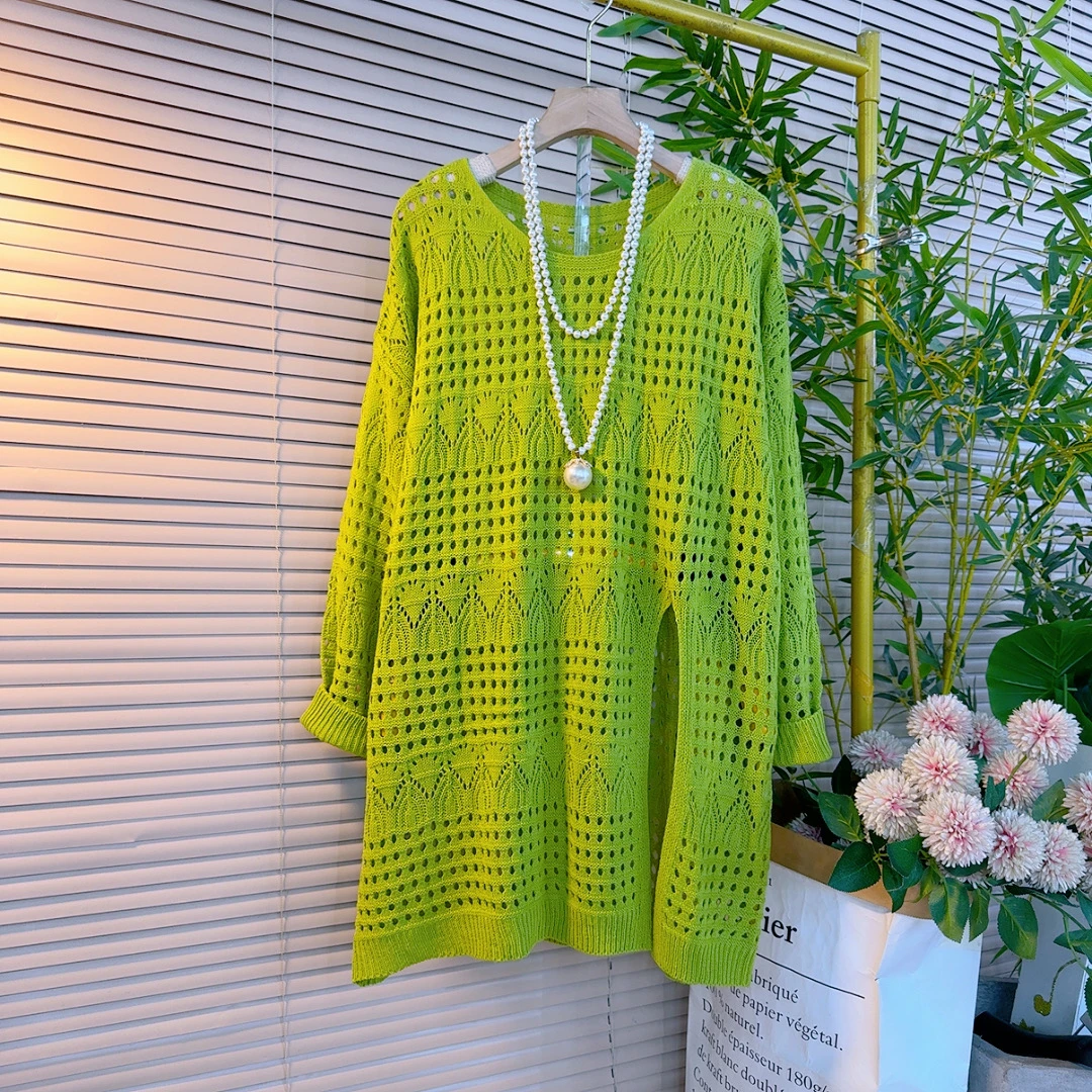 1639胖mm欧货韩版中长款镂空设计感圆领开衩遮肉百搭套头针织衫