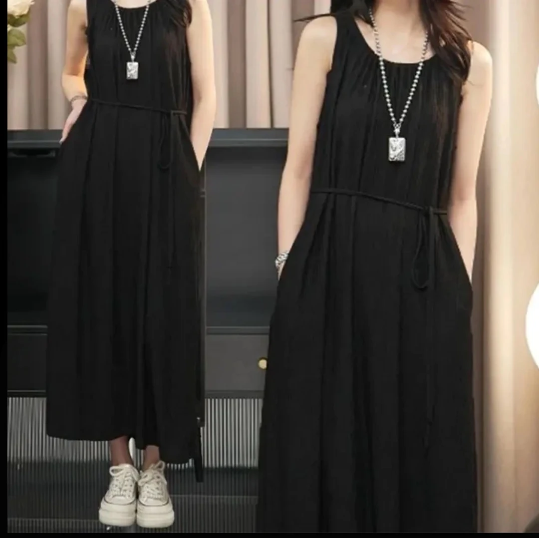 夏季新款法式连衣裙A字长裙时尚宽松法式垂感口袋连衣裙
