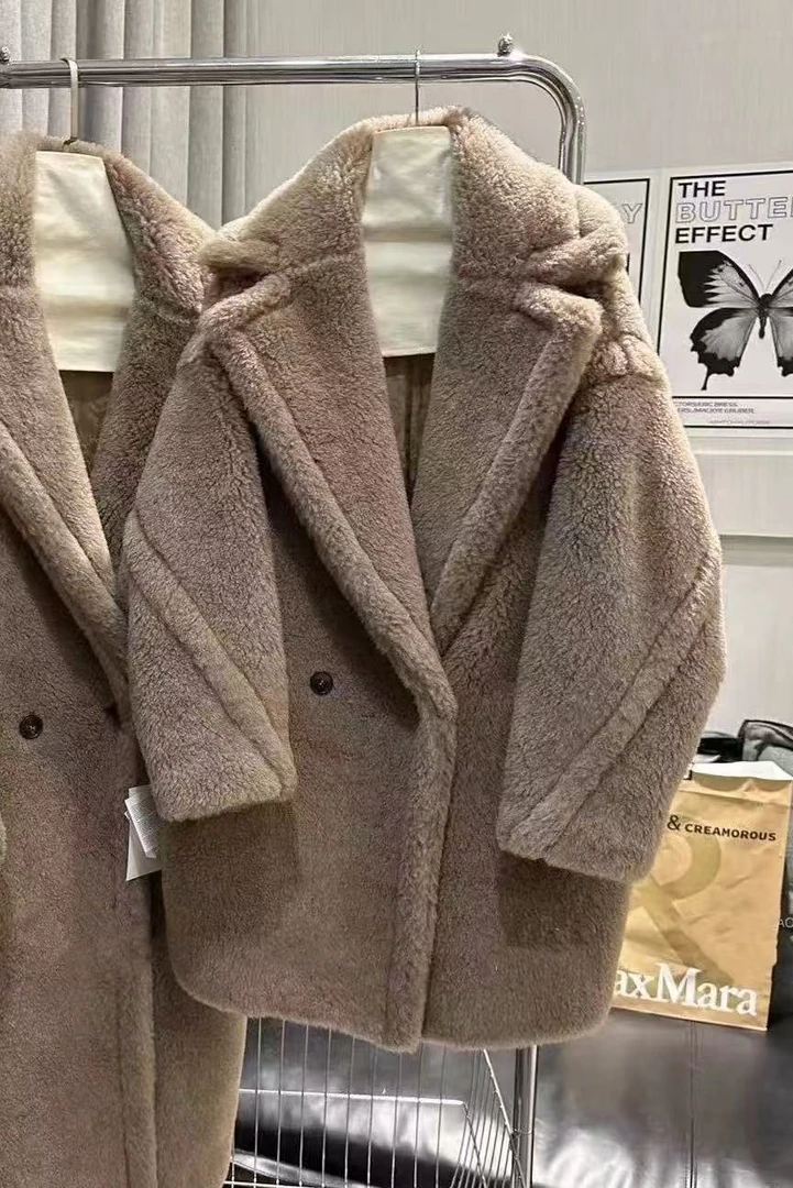 泰迪熊大衣新款驼绒中长款廓形外套时尚 长73