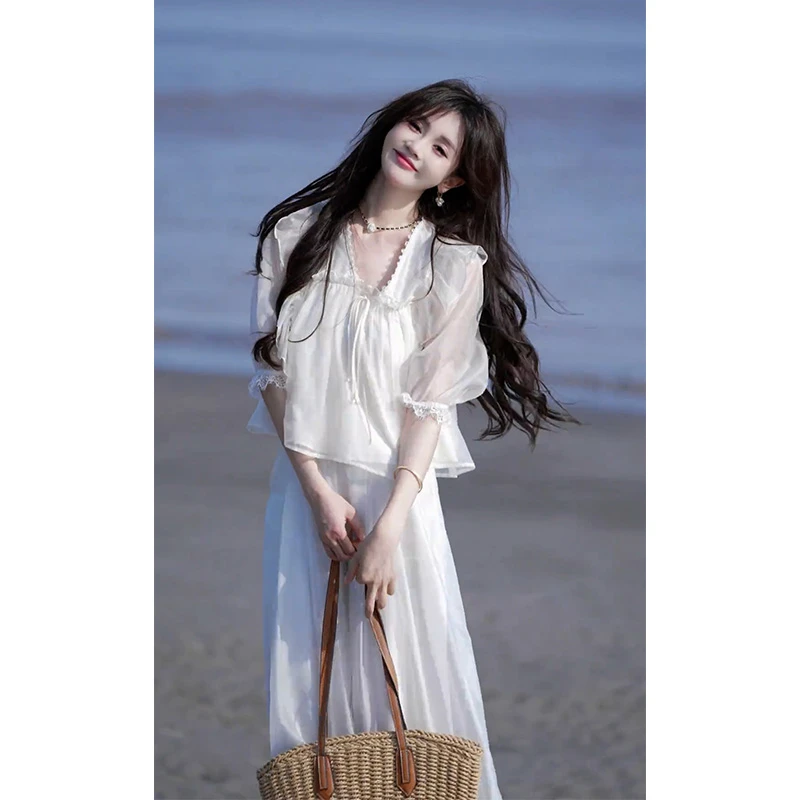 气质名媛风淑女复古减龄套装夏季防晒超仙短袖上衣阔腿裤两件套装