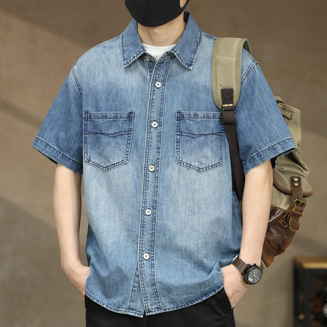 美式高端莱赛尔天丝牛仔短袖衬衫男夏季复古宽松大码衬衣薄款外套
