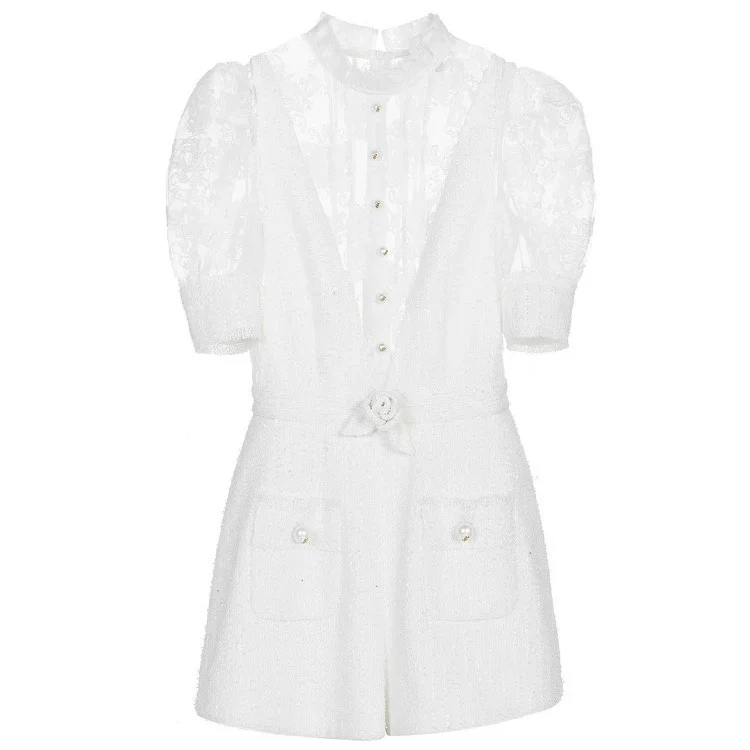 YOYO高定no退no换白色蕾丝绣花衬衫高级感小香风收腰连体裤25
