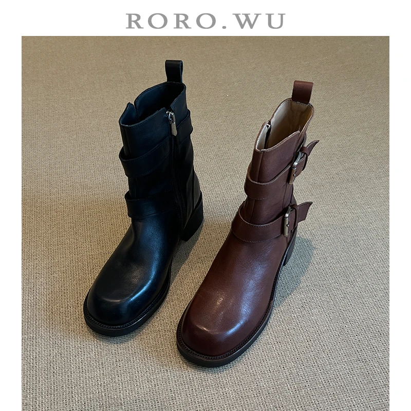 娆娆吴·头层牛皮经典法式复古扣带设计秋冬款马丁靴百搭女靴X378