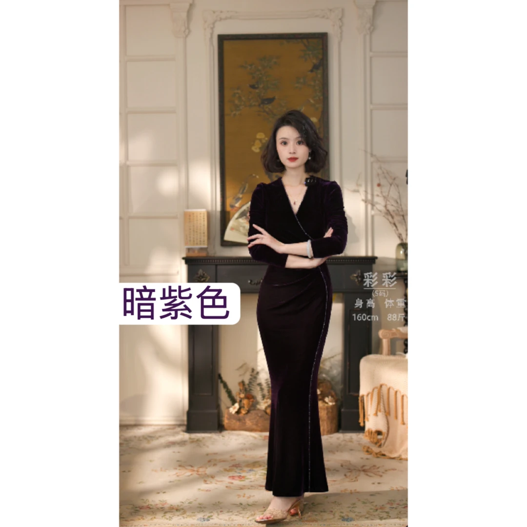 彩彩家【曼妙多姿】冬季时尚原创设计复古修身优雅气质鱼尾摆连衣裙