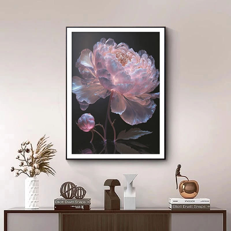 C028牡丹花玄关装饰画禅意现代轻奢入户走廊过道茶室挂画捡漏