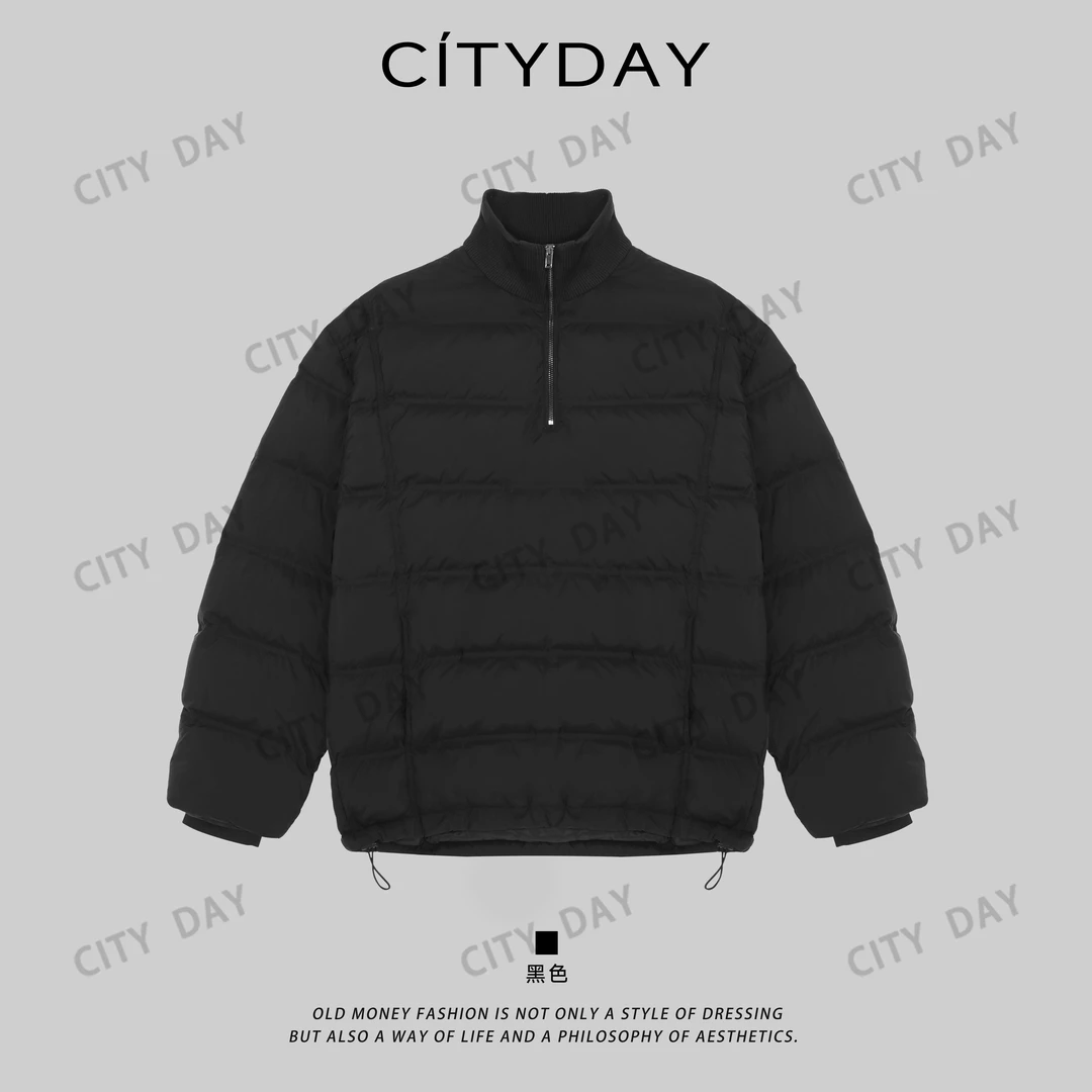 City Day【灰叔】复古-黑高领半拉链大排骨保暖长袖羽绒服 990559
