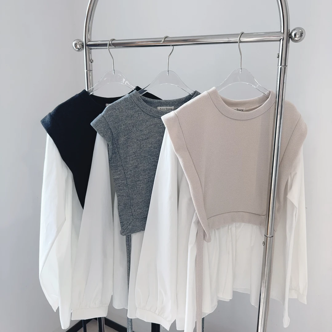 （no退no换）韩国东大门马甲衬衫假两件宽松百搭休闲可爱