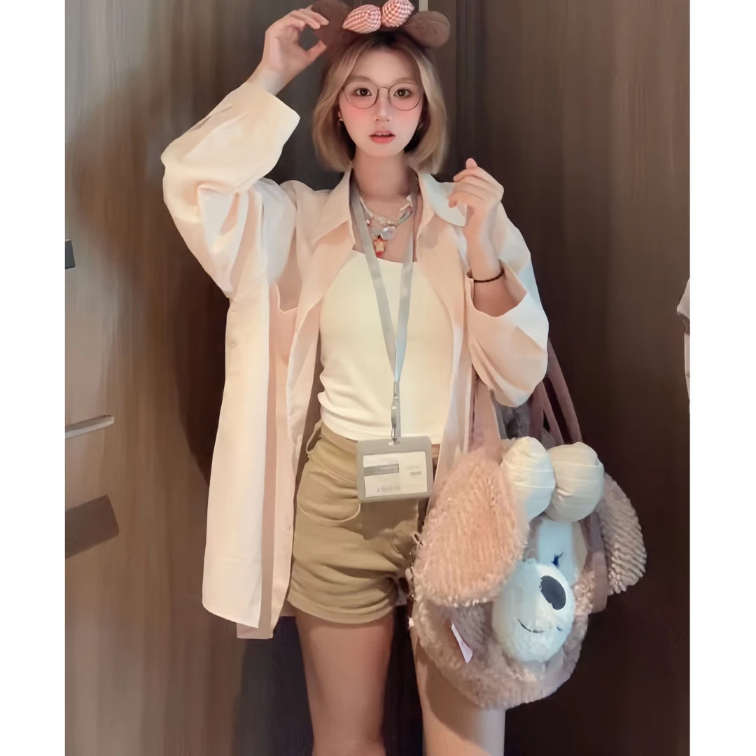 【新品上新】美式韩系慵懒风纯色防晒衬衫女2025春夏季长款薄款长袖