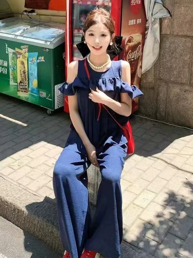 大码微胖复古镂空露肩荷叶边衬衫上衣高腰阔腿裤两件套