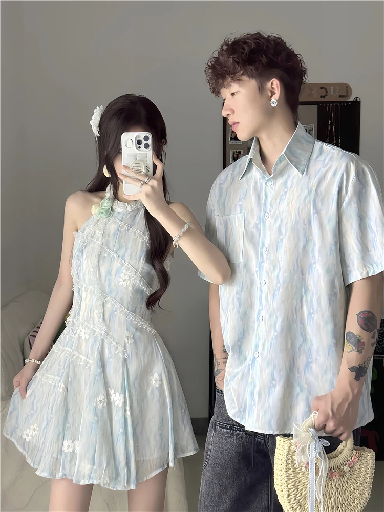 情侣装夏季修身甜美休闲法式蓝色蓬蓬裙无袖ins连衣裙男短袖衬衫