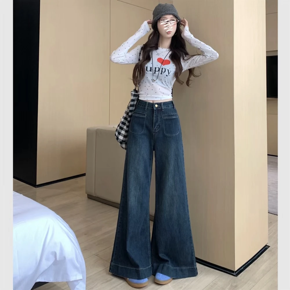 气质高腰阔腿垂感牛仔裤女双口袋时尚显瘦百搭宽松设计感拖地裤