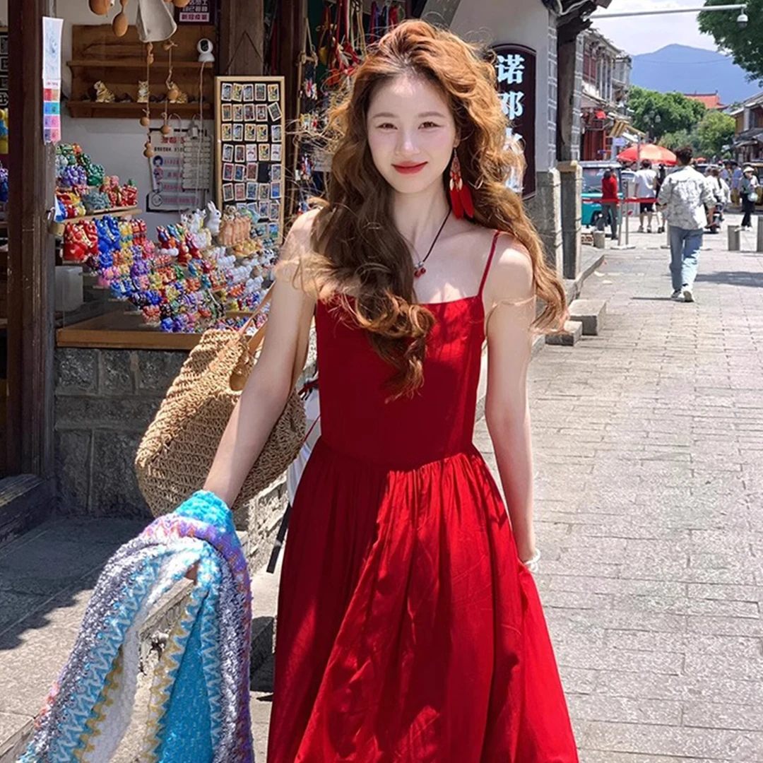 海边度假风红色吊带连衣裙子女夏季2025新气质高级感法式长裙5117