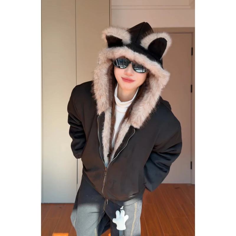 冬季加厚毛茸茸领座山雕猫耳情侣连帽棉服男女款美式复古仿皮外套