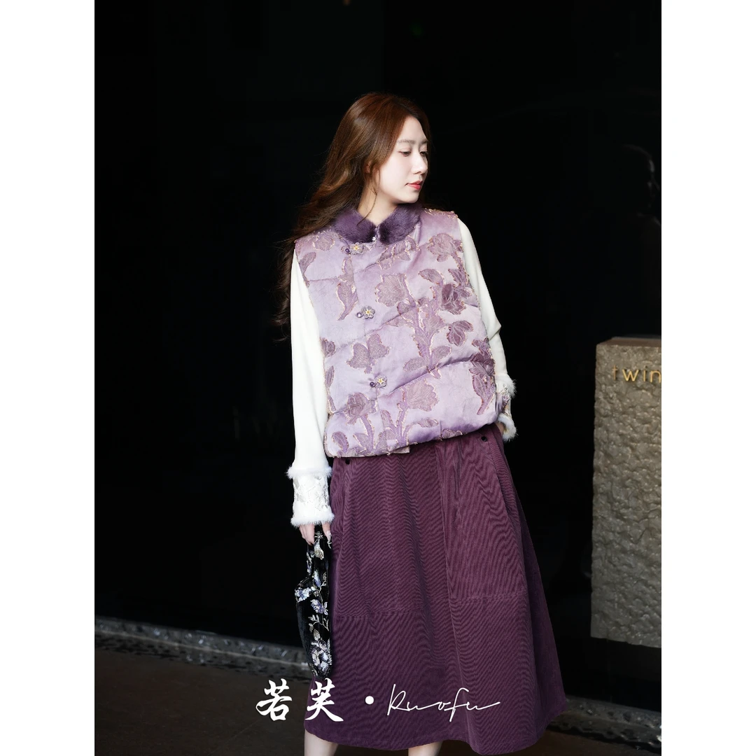 若芙 | 【繁花】秋冬国风鹅绒拼接水貂毛羽绒马甲