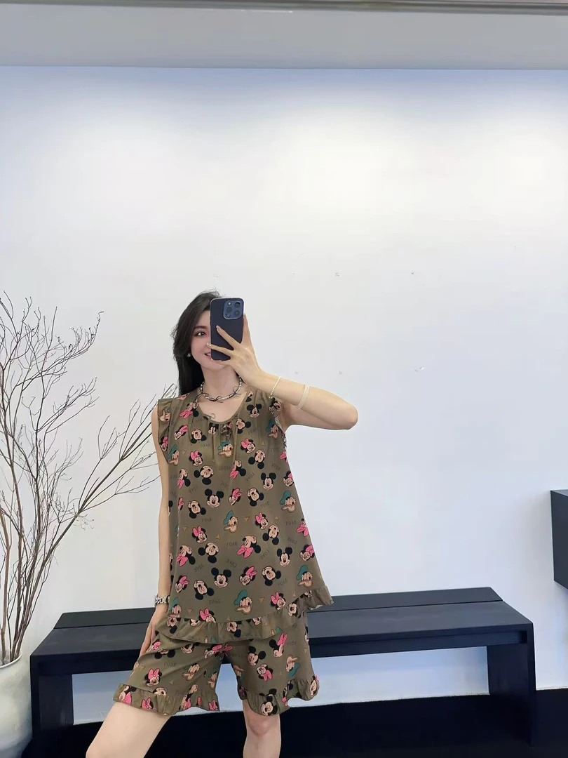 女棉绸睡衣可外穿套装卡通米奇大领口人棉木耳边印花大码宽松减龄