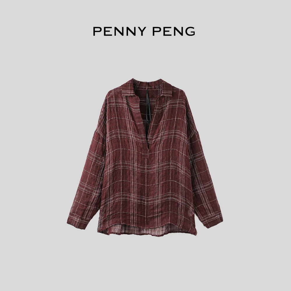 PENNYPENG格纹往事经典复古时尚品质春夏酒红色百搭翻领格子上衣