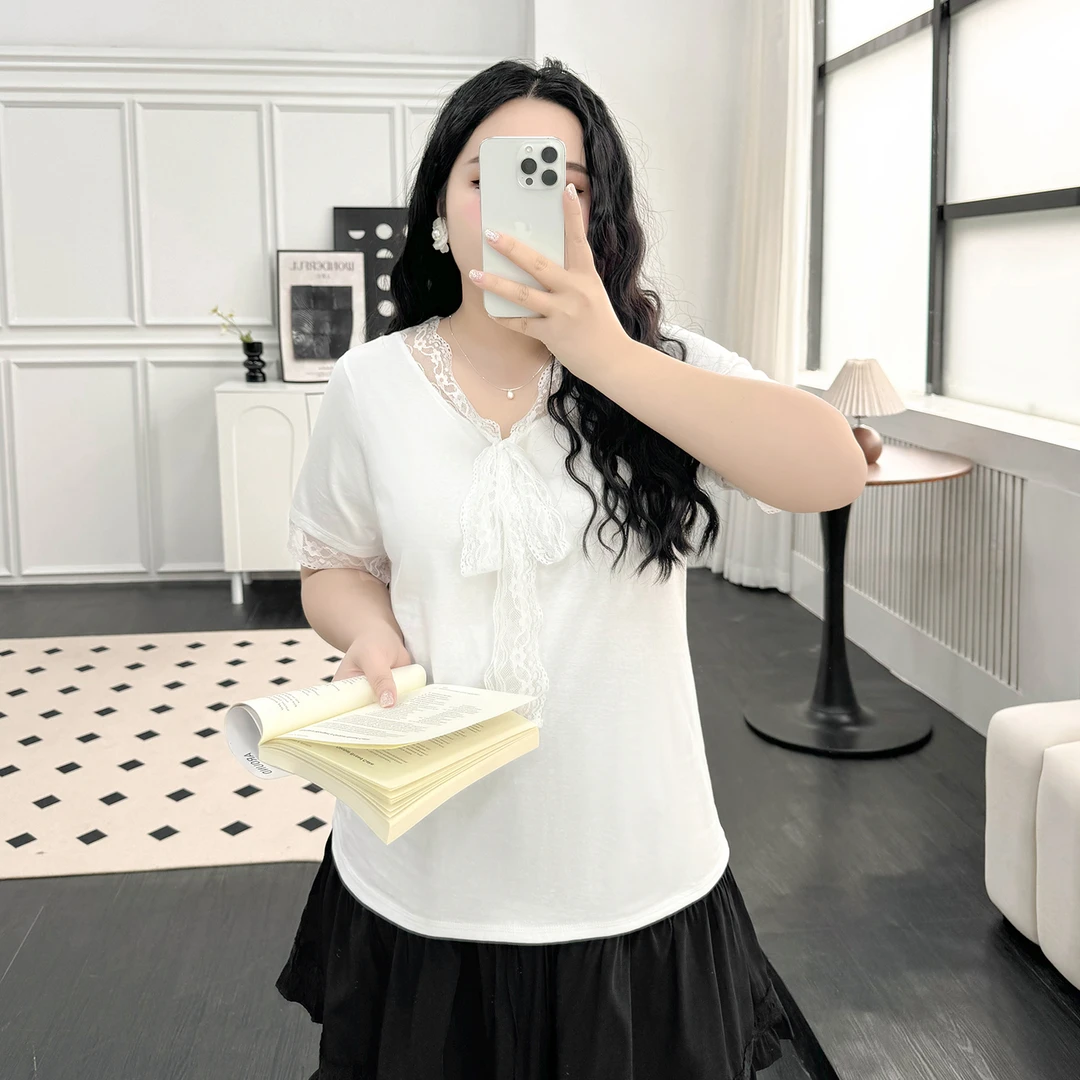 DX7646大码女装【法式街头T恤】学院风蕾丝拼接蝴蝶结夏季短袖上衣