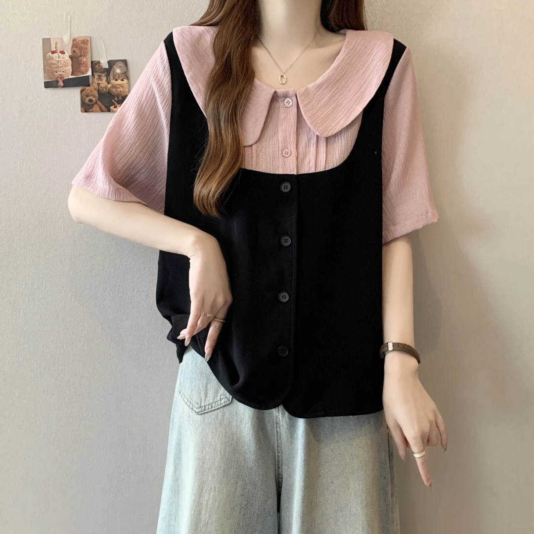 大码娃娃领拼接正肩短袖衬衫女夏季胖妹妹遮肚子显瘦洋气减龄上衣