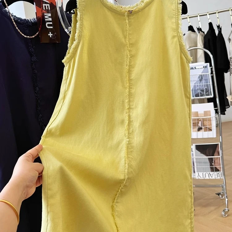 高级感天丝亚麻流苏毛边无袖连衣裙女夏季气质中长款背心裙裙子薄
