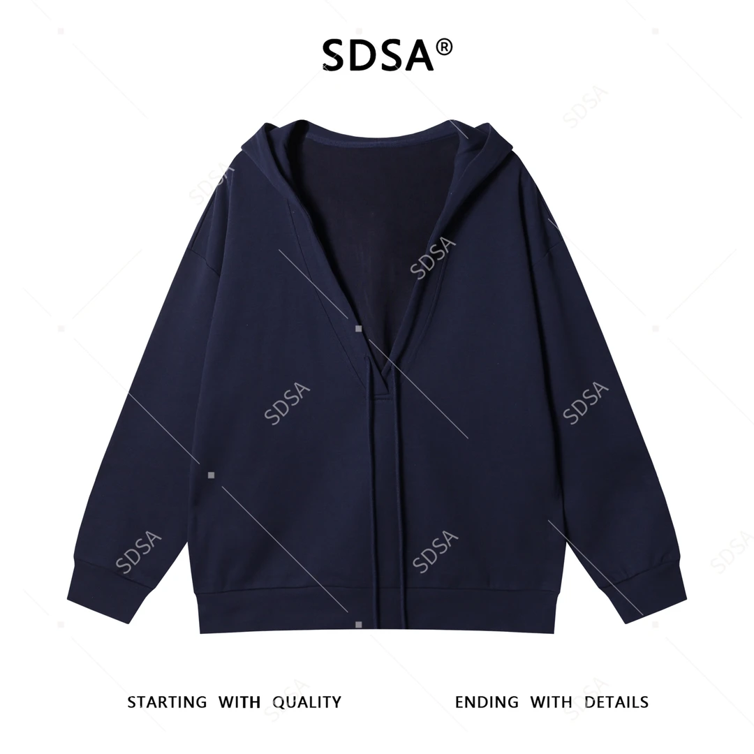 SDSA男士秋冬新款痞帅男装潮牌纯色深V抽绳连帽卫衣时尚百搭上衣