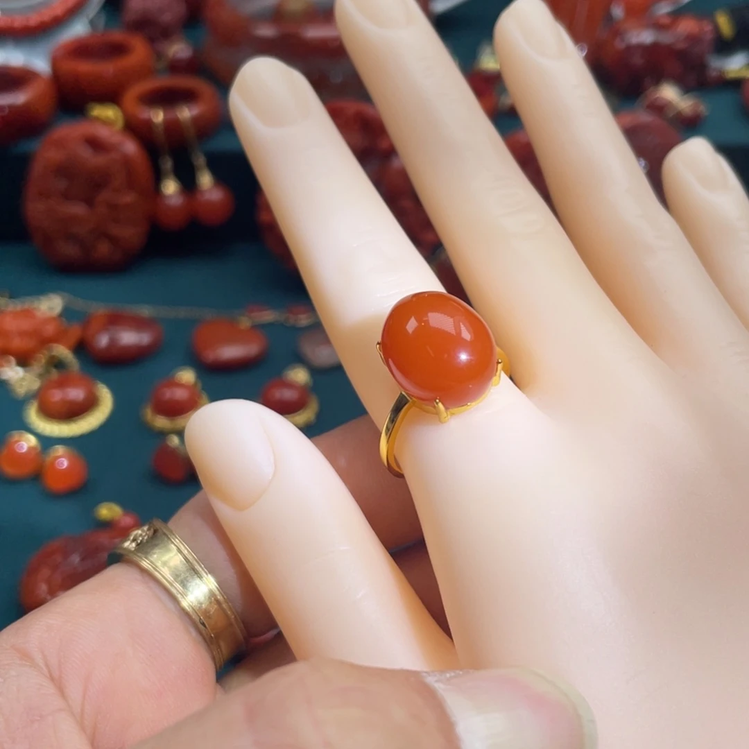 南红玛瑙保山南红戒指银S925镀金镶嵌