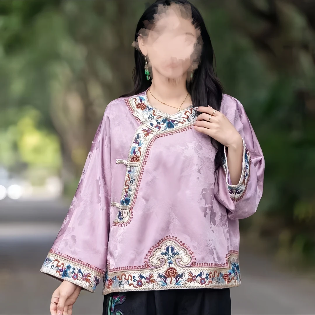 【花玉容】新款春装中式国风刺绣圆领斜襟太太上衣中国风重工刺绣