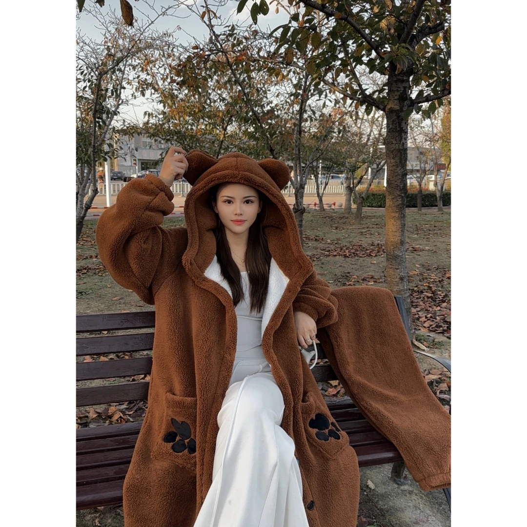 美拉德双层加厚男女同款睡衣复古连帽宽松中长款加绒毛绒保暖2