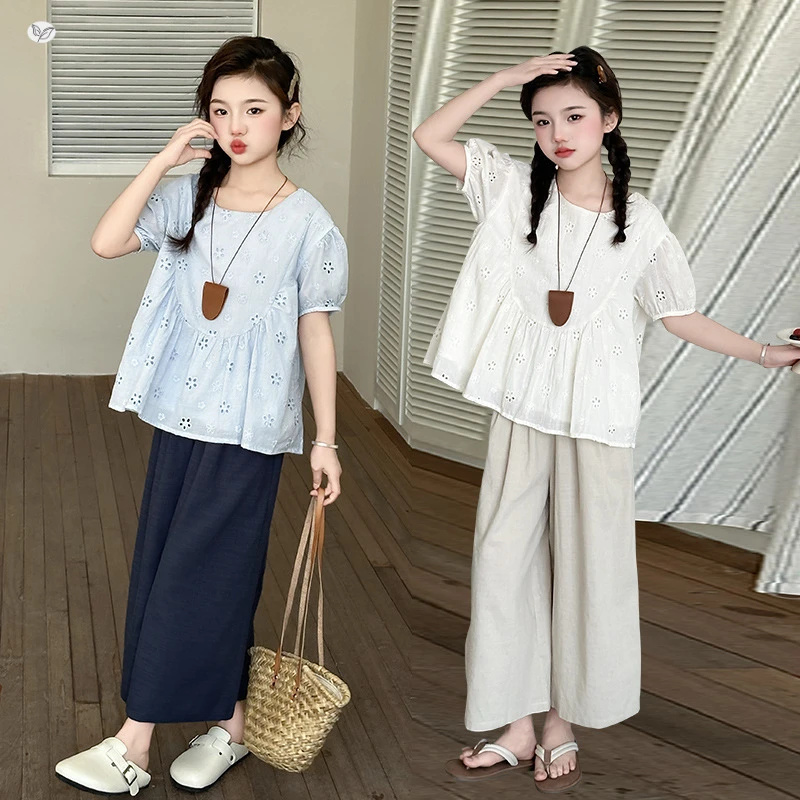 女童休闲镂空刺绣上衣阔腿裤套装中大童泡泡袖T恤直筒裤2025夏新