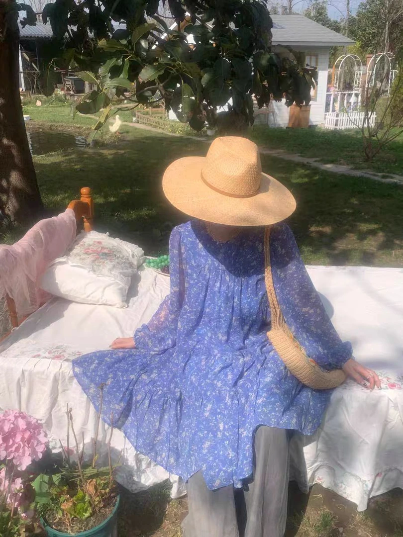 【蓝花漫漫】高腰套头通勤碎花夏季长袖时尚泡泡袖公主风连衣裙