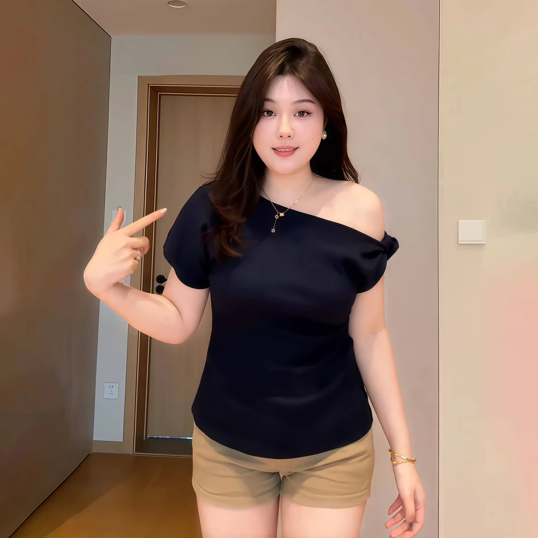 大码微胖mm华夫格斜肩短袖T恤上衣女装夏季纯欲辣妹风修身打底衫