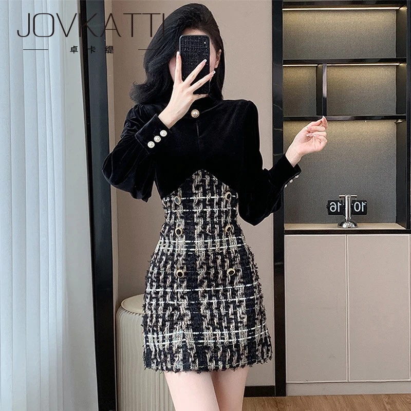 小香风连衣裙女2025秋冬季新款内搭长袖显瘦收腰小黑裙子