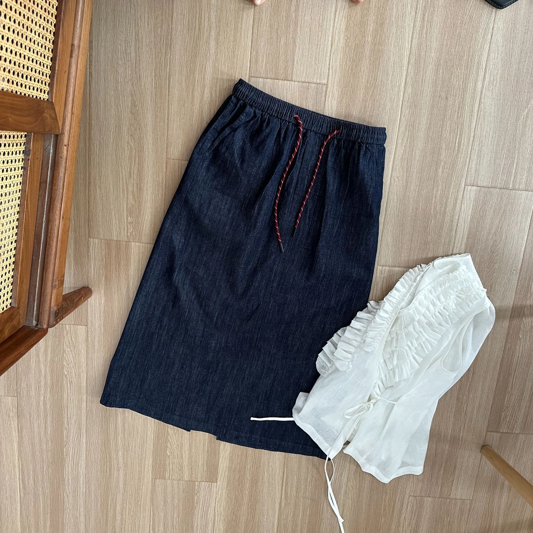 【大林自制】“复古牛仔裙” 撞色腰绳松紧腰显瘦亚麻牛仔色半身裙