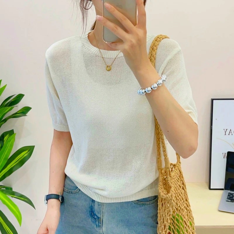 短袖女款爆款2025新款纯色打底衫女士宽松针织上衣薄夏季外穿t恤