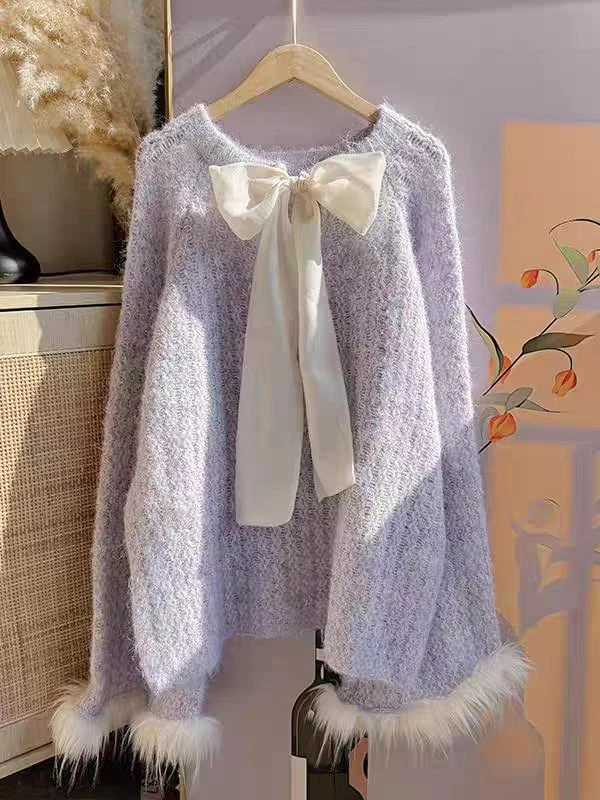 法式蝴蝶结针织衫甜美毛衣2024秋冬新款慵懒宽松时尚洋气上衣长袖