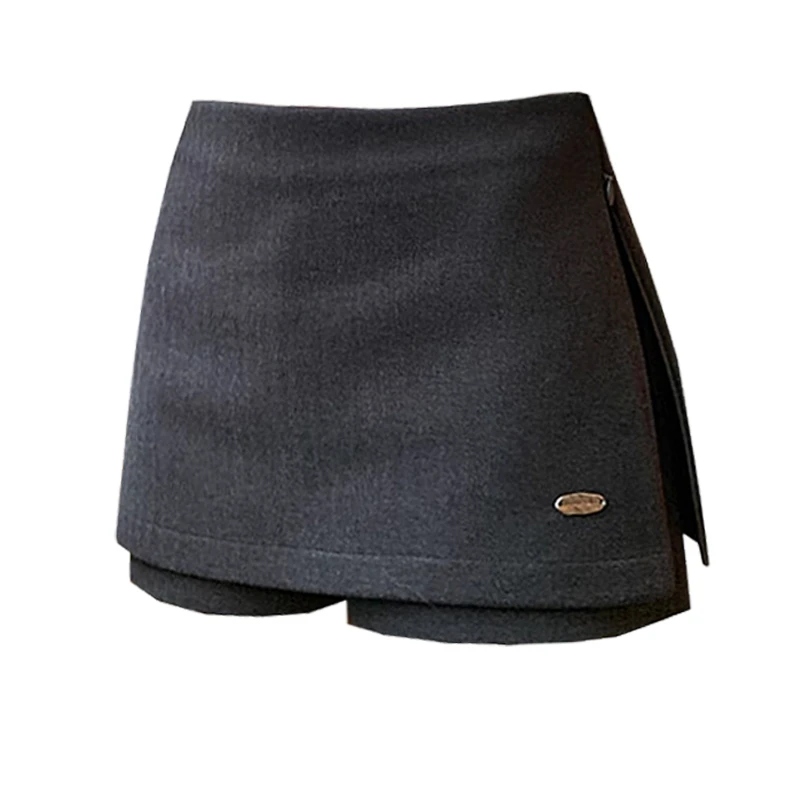 毛呢半身裙冬大码短裙显灰色复古春秋法式包臀裙裤上衣-0086