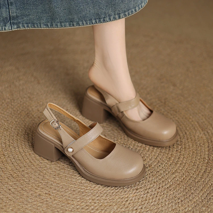 5.5cm~复古超软羊皮粗跟罗马包头凉鞋女夏季厚底高跟后空玛丽珍鞋
