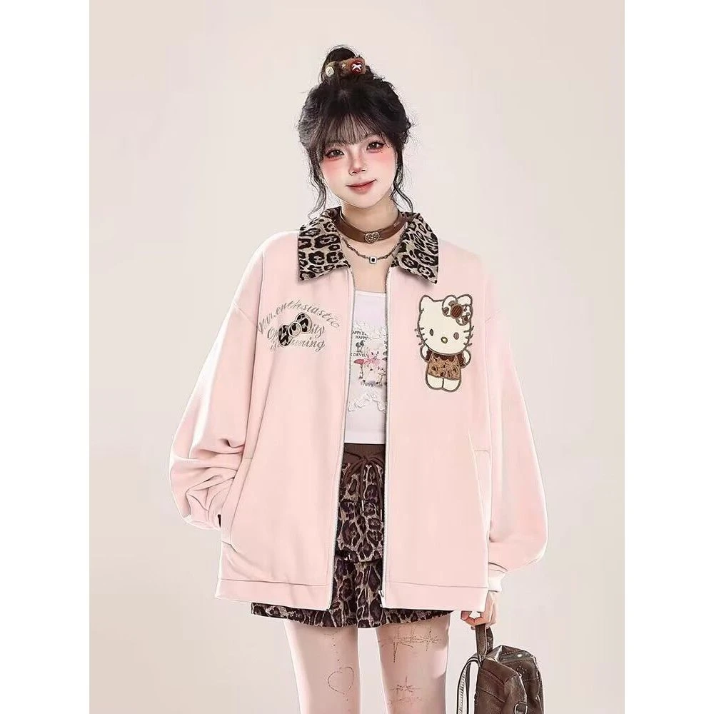 凯蒂猫拼接翻领棒球服外套女春季2025新款少女感刺绣宽松拉链夹克