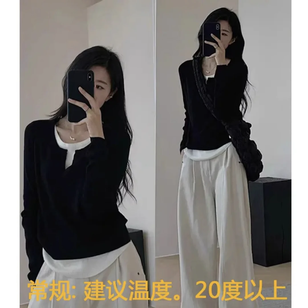 2025春装新款长袖设计不规则黑色假两件v领打底衫女百搭上衣