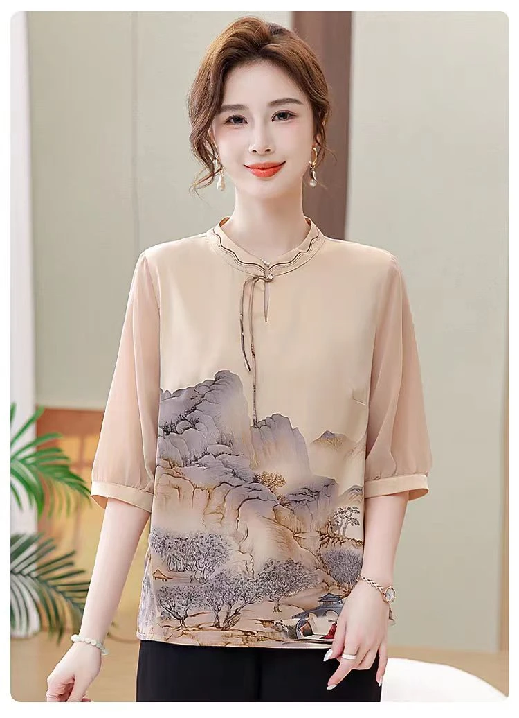 70096-1【山水画-紫】妈妈夏装短袖国风洋气上衣中老年女装中袖衣服