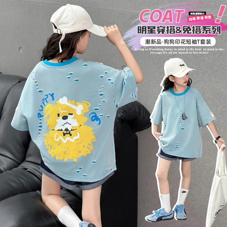 女童夏季潮流烧花条纹破洞个性短袖T恤中大童百搭宽松牛仔短裤潮