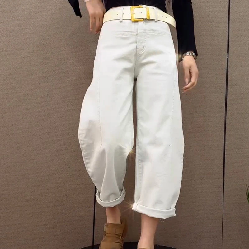 2025年春新款彩色牛仔裤女高腰显瘦弯刀阔腿裤时尚九分香蕉哈伦裤